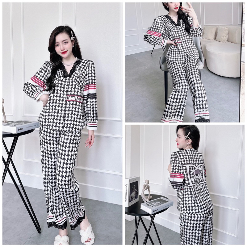 SP_51 Đồ bộ pijama BOLOBALA lụa latin áo tay dài quần dài phối ren viền cổ áo và viền quần