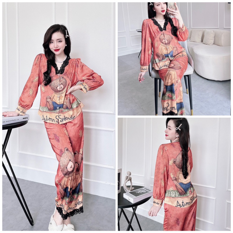 SP_51 Đồ bộ pijama BOLOBALA lụa latin áo tay dài quần dài phối ren viền cổ áo và viền quần