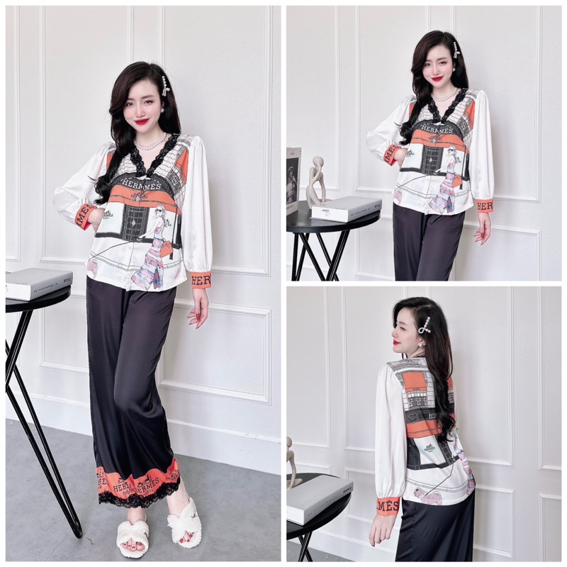 SP_51 Đồ bộ pijama BOLOBALA lụa latin áo tay dài quần dài phối ren viền cổ áo và viền quần
