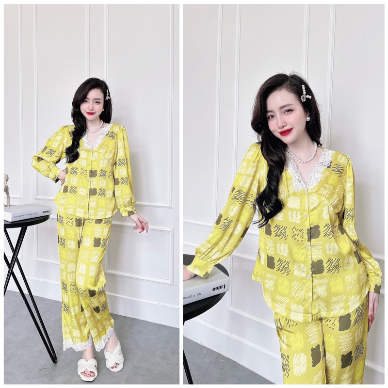 SP_51 Đồ bộ pijama BOLOBALA lụa latin áo tay dài quần dài phối ren viền cổ áo và viền quần