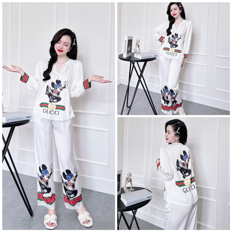 SP_51 Đồ bộ pijama BOLOBALA lụa latin áo tay dài quần dài phối ren viền cổ áo và viền quần