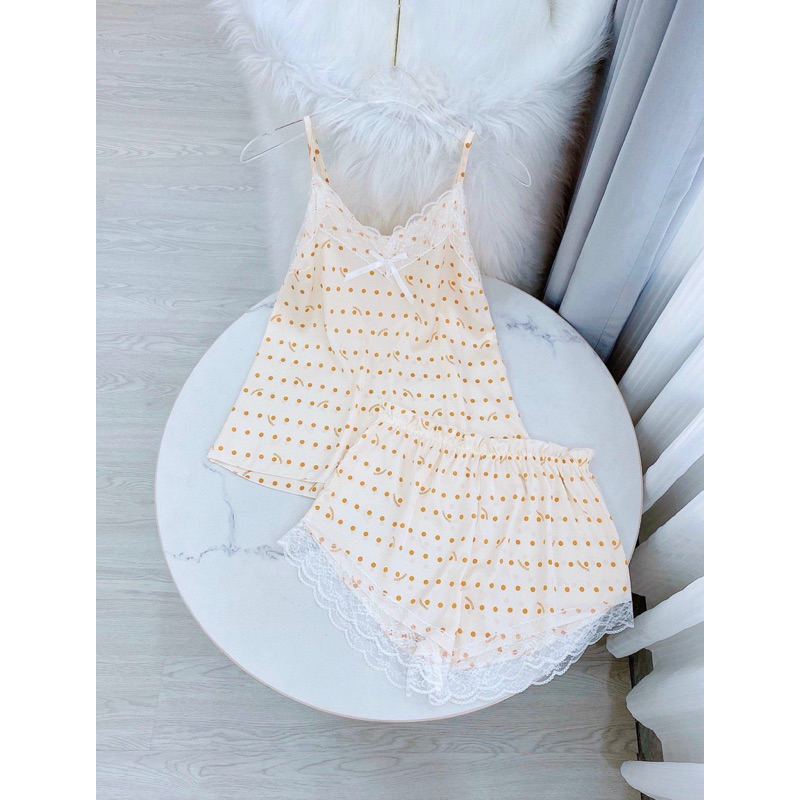 QC_01 Đồ bộ pijama BOLOBALA áo dây quần đùi phối ren hàng QCCC hàng đẹp
