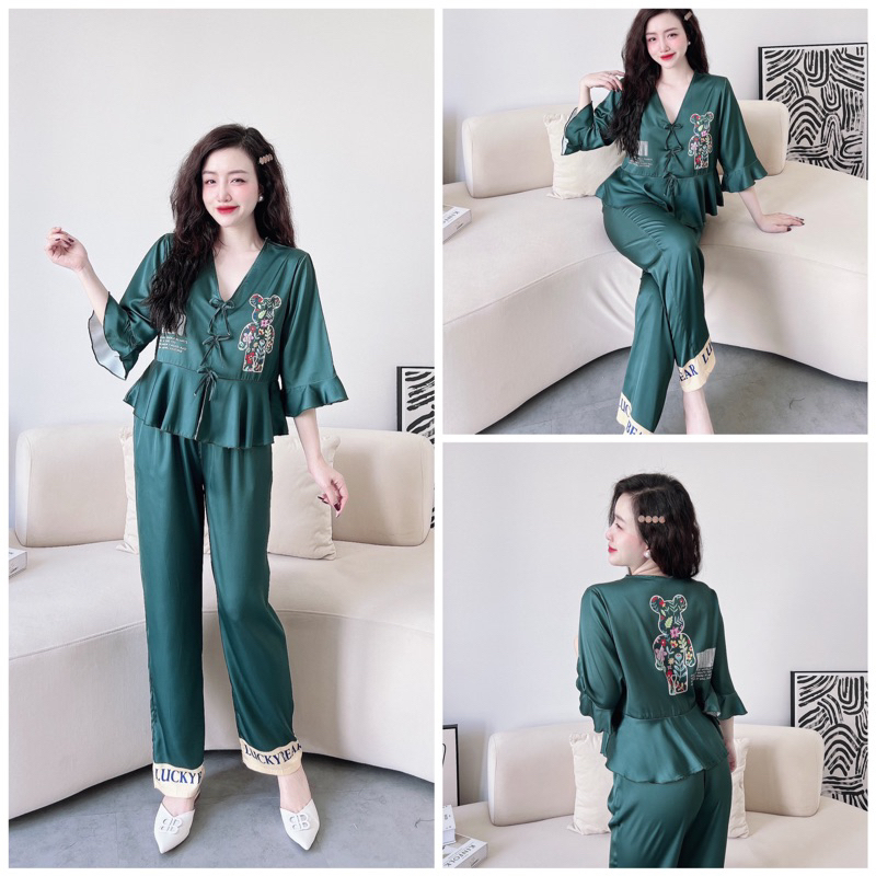 SP_92 Đồ bộ BOLOBALA áo tay lỡ loe, quần dài lụa latin đính nơ xinh xắn, dễ thương