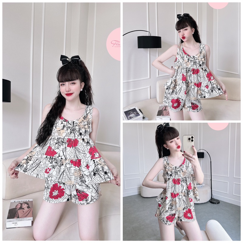 SP_99 Đồ bộ pijama BOLOBALA quần đùi áo sát nách thiết kế đơn giản, dễ mặc, chất lụa latin mặc nhà rất cưng