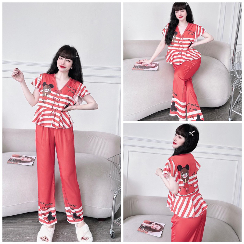 SP_102 Đồ bộ pijama BOLOBALA mặc nhà thiết kế tay áo cánh tiên 3 nơ lụa latin quần dài đa dạng mẫu mã