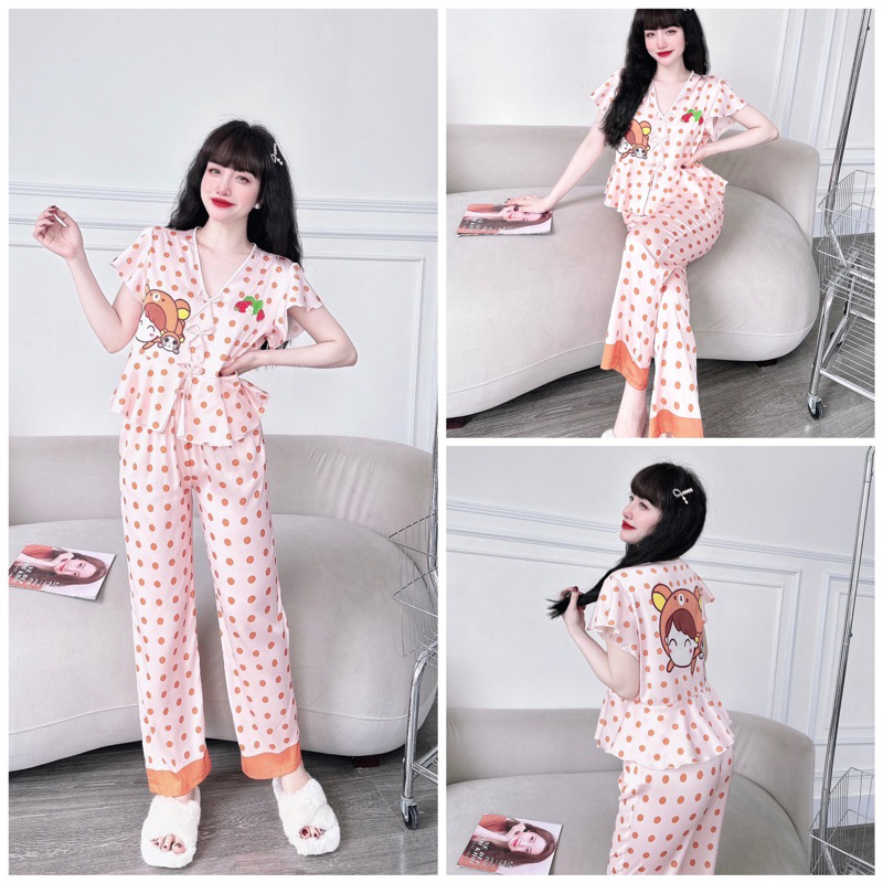SP_102 Đồ bộ pijama BOLOBALA mặc nhà thiết kế tay áo cánh tiên 3 nơ lụa latin quần dài đa dạng mẫu mã