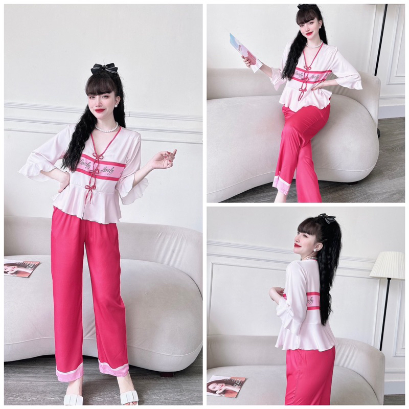SP_108 Đồ bộ pijama BOLOBALA mặc nhà quần dài áo tay lỡ 3 nơ chất lụa latin cực sang xịn mịn