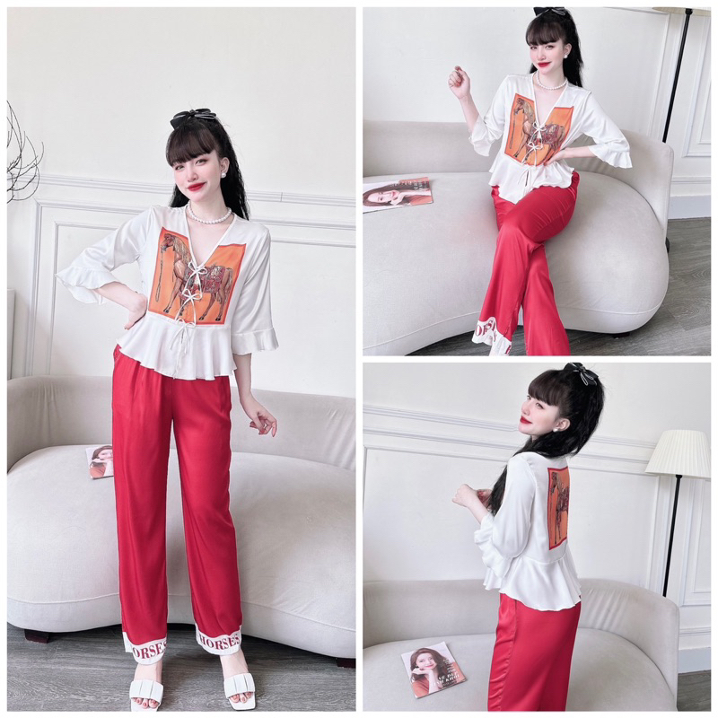 SP_108 Đồ bộ pijama BOLOBALA mặc nhà quần dài áo tay lỡ 3 nơ chất lụa latin cực sang xịn mịn