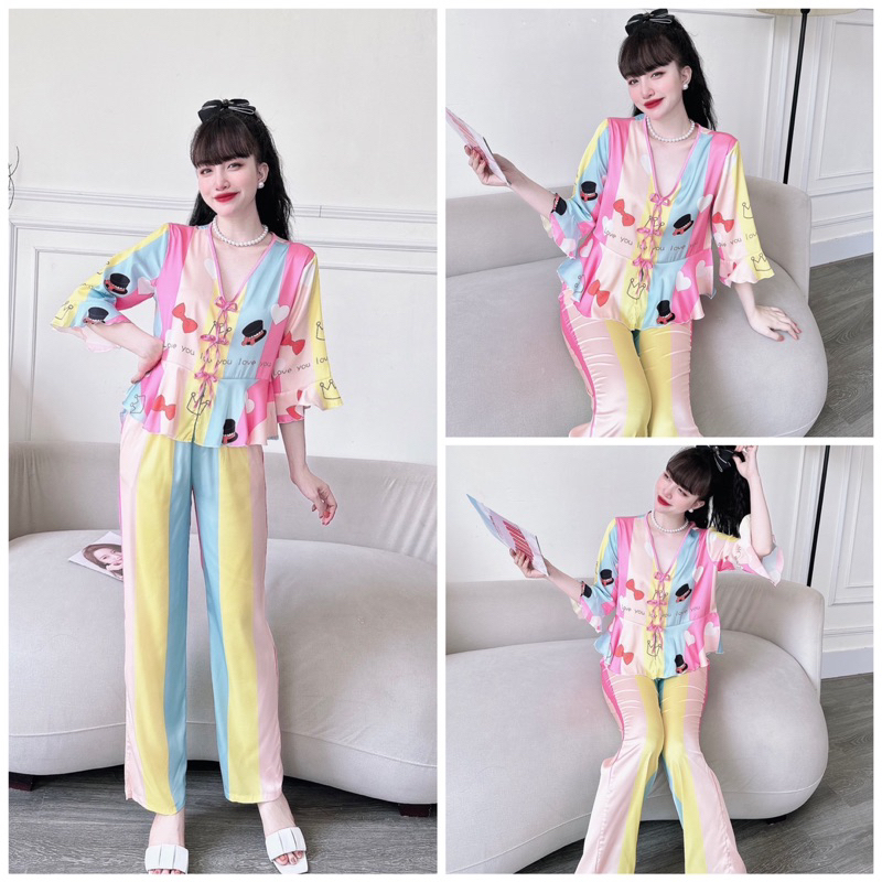 SP_108 Đồ bộ pijama BOLOBALA mặc nhà quần dài áo tay lỡ 3 nơ chất lụa latin cực sang xịn mịn