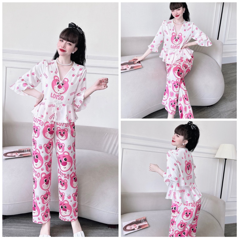 SP_108 Đồ bộ pijama BOLOBALA mặc nhà quần dài áo tay lỡ 3 nơ chất lụa latin cực sang xịn mịn