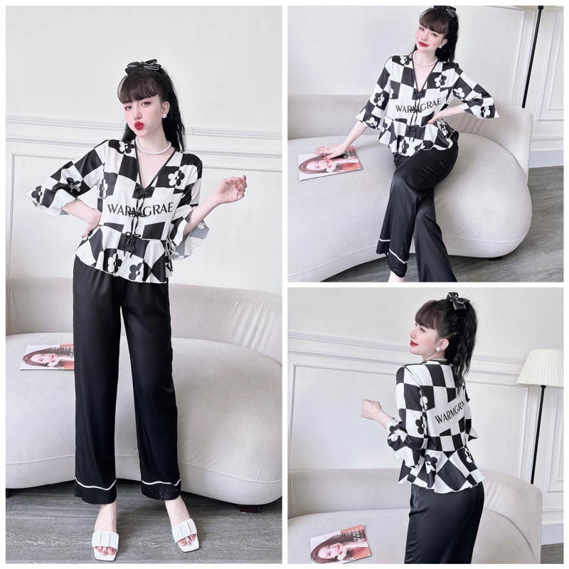 SP_108 Đồ bộ pijama BOLOBALA mặc nhà quần dài áo tay lỡ 3 nơ chất lụa latin cực sang xịn mịn