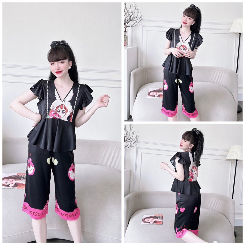 SP_109 Đồ bộ pijama BOLOBALA mặc nhà quần lửng áo tay cánh tiên đính ngọc chất lụa latin đẹp lung linh