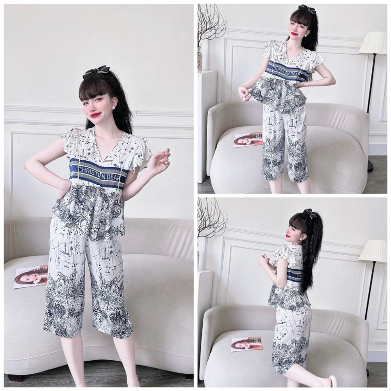 SP_109 Đồ bộ pijama BOLOBALA mặc nhà quần lửng áo tay cánh tiên đính ngọc chất lụa latin đẹp lung linh