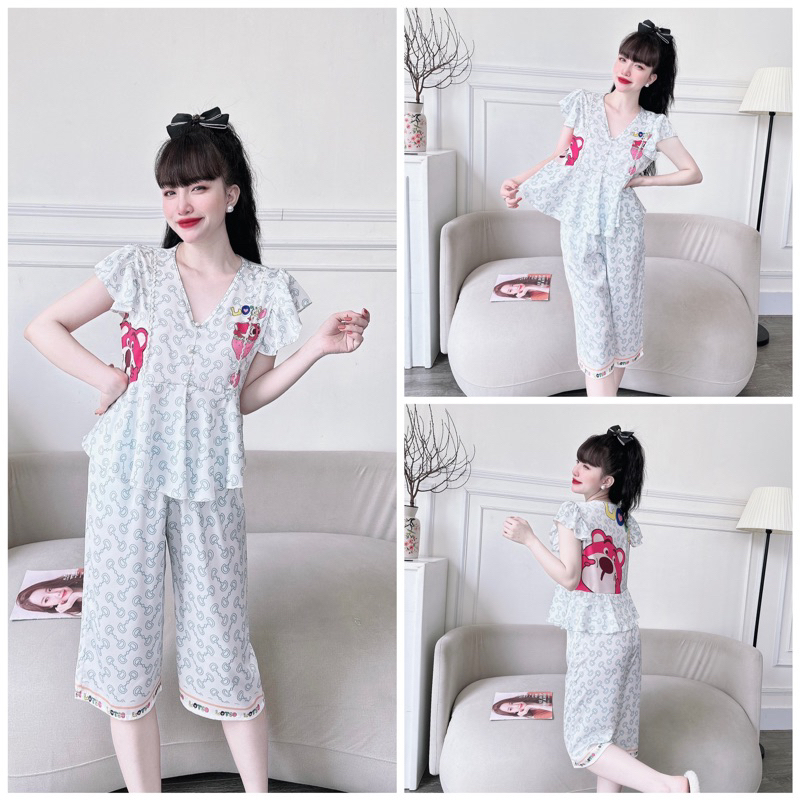 SP_109 Đồ bộ pijama BOLOBALA mặc nhà quần lửng áo tay cánh tiên đính ngọc chất lụa latin đẹp lung linh