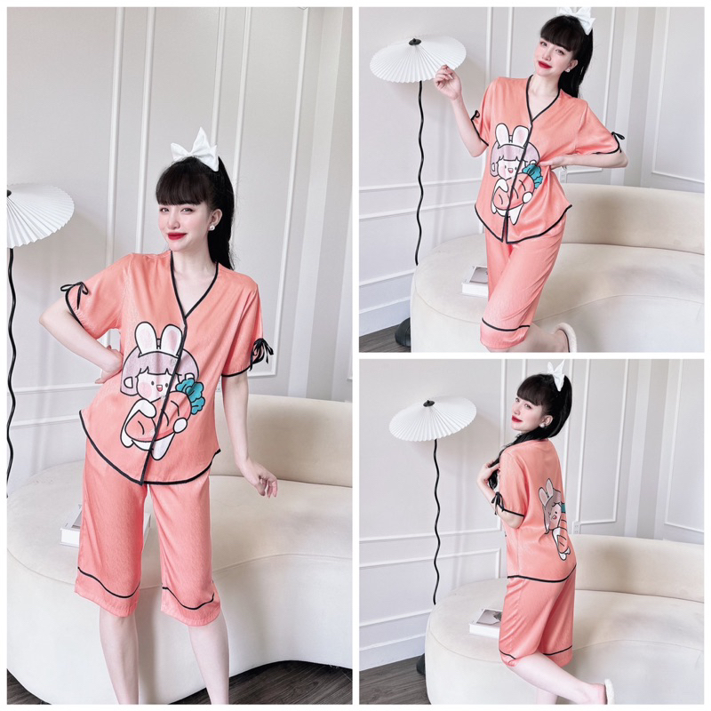 SP_117 Đồ bộ pijama BOLOBALA mặc nhà quần lửng áo tay ngắn cột nơ chất lụa xước, cổ V rất dễ thương