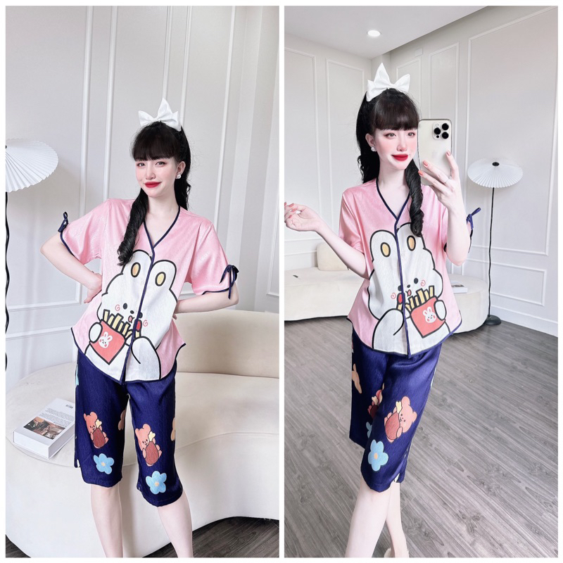 SP_117 Đồ bộ pijama BOLOBALA mặc nhà quần lửng áo tay ngắn cột nơ chất lụa xước, cổ V rất dễ thương
