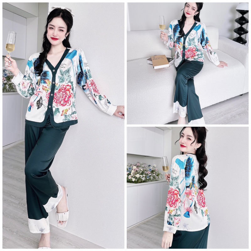 Đồ bộ pijama mặc nhà nữ cổ Y quần dài áo tay dài chất lụa latin SP_121 hoạ tiết cực sang chảnh - BOLOBALA
