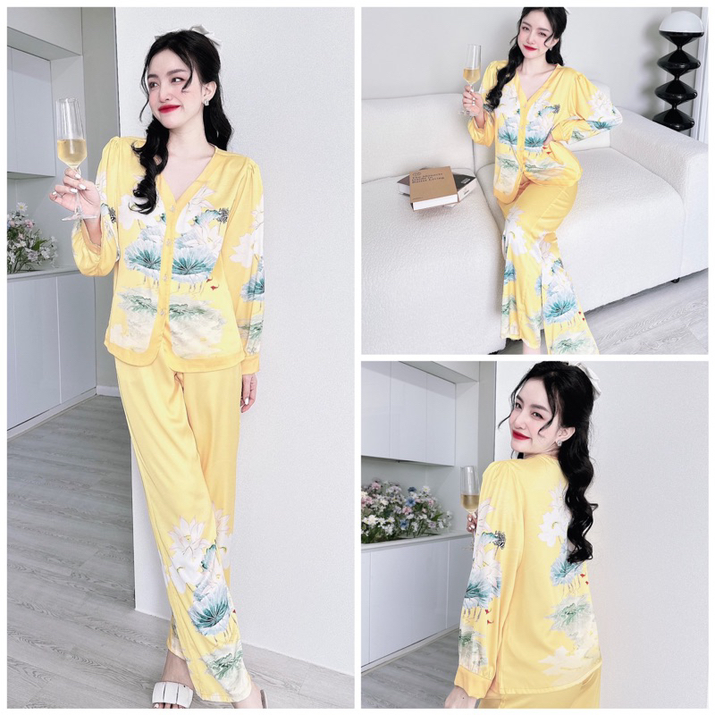Đồ bộ pijama mặc nhà nữ cổ Y quần dài áo tay dài chất lụa latin SP_121 hoạ tiết cực sang chảnh - BOLOBALA