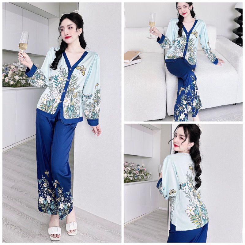 Đồ bộ pijama mặc nhà nữ cổ Y quần dài áo tay dài chất lụa latin SP_121 hoạ tiết cực sang chảnh - BOLOBALA