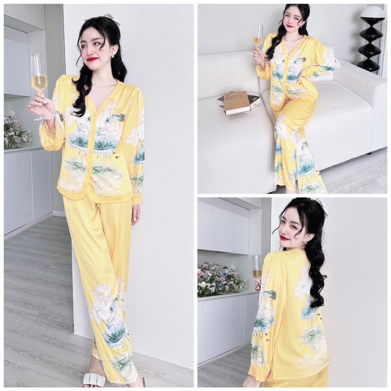 Đồ bộ pijama mặc nhà nữ cổ Y quần dài áo tay dài chất lụa latin SP_121 hoạ tiết cực sang chảnh - BOLOBALA