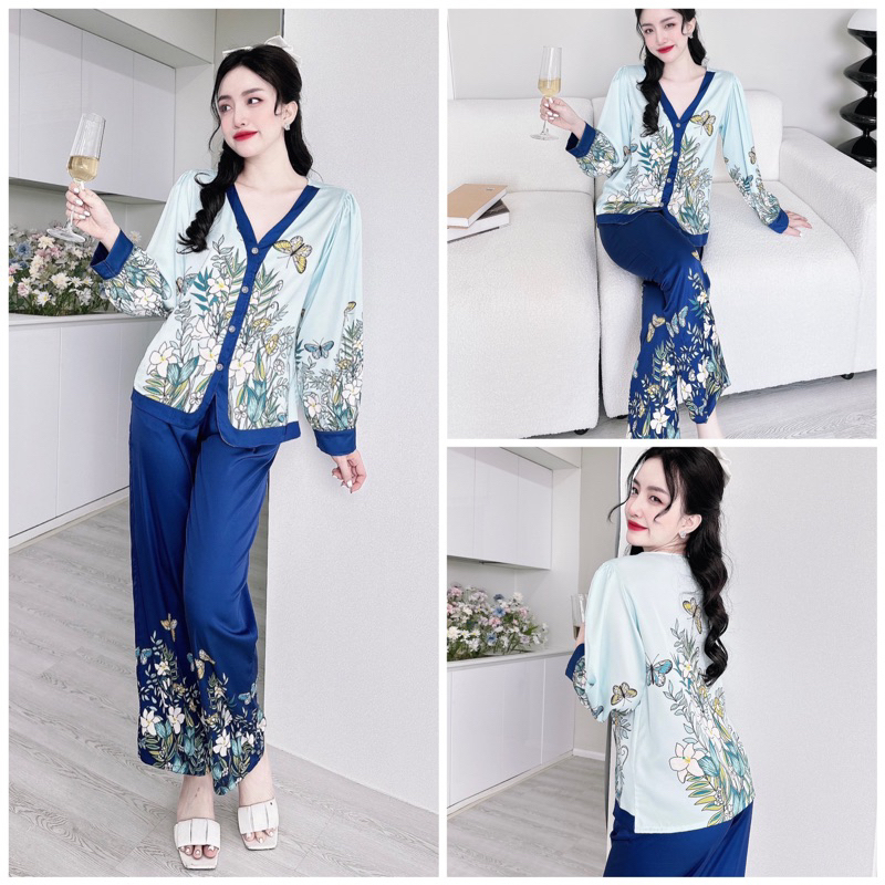 Đồ bộ pijama mặc nhà nữ cổ Y quần dài áo tay dài chất lụa latin SP_121 hoạ tiết cực sang chảnh - BOLOBALA