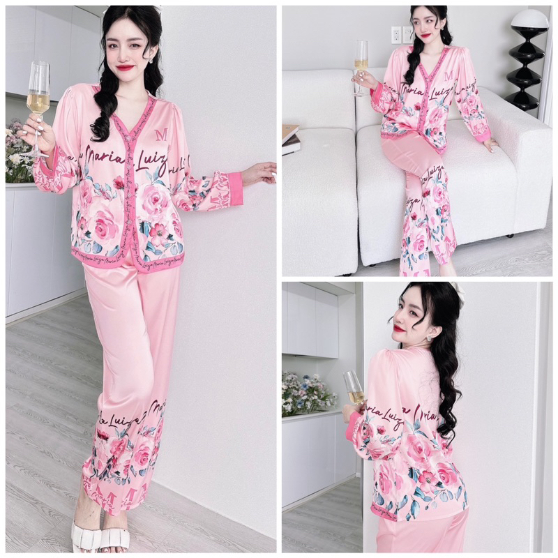 Đồ bộ pijama mặc nhà nữ cổ Y quần dài áo tay dài chất lụa latin SP_121 hoạ tiết cực sang chảnh - BOLOBALA