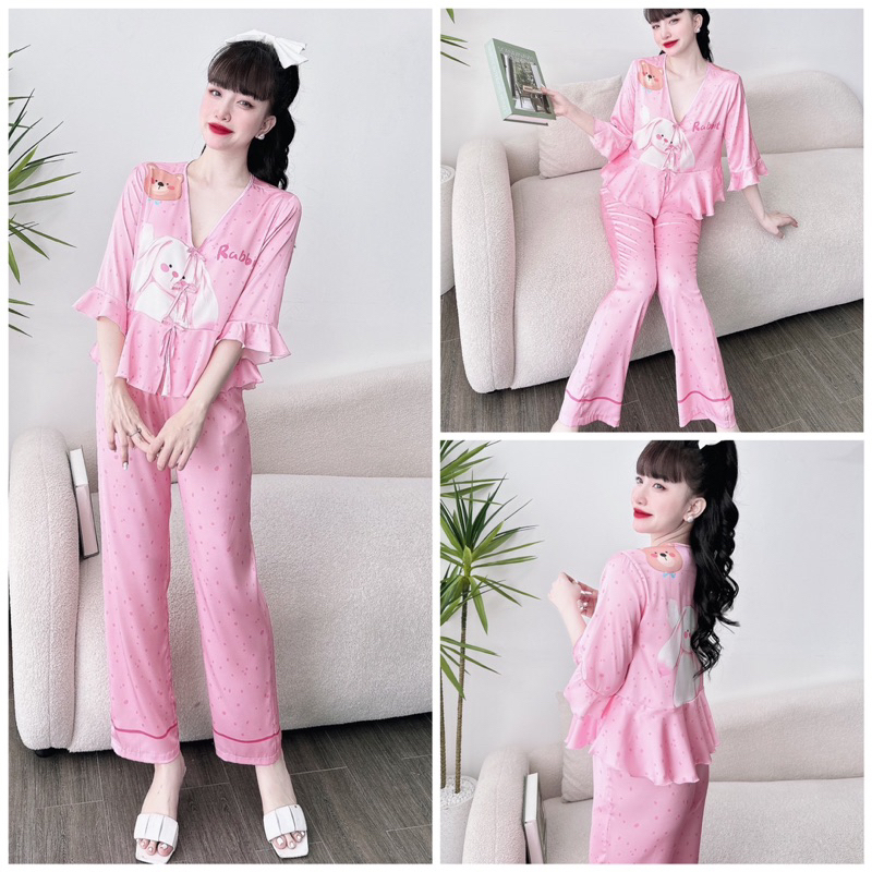 SP_18 Đồ bộ pijama BOLOBALA mặc nhà quần dài áo tay lỡ đính 3 nơ chất lụa latin nhiều màu đa dạng
