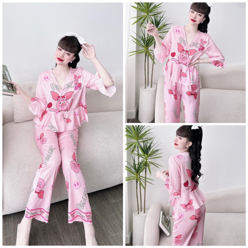 SP_18 Đồ bộ pijama BOLOBALA mặc nhà quần dài áo tay lỡ đính 3 nơ chất lụa latin nhiều màu đa dạng