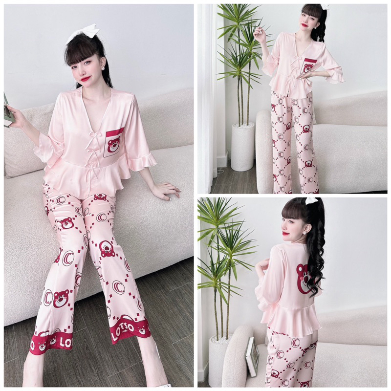 SP_18 Đồ bộ pijama BOLOBALA mặc nhà quần dài áo tay lỡ đính 3 nơ chất lụa latin nhiều màu đa dạng