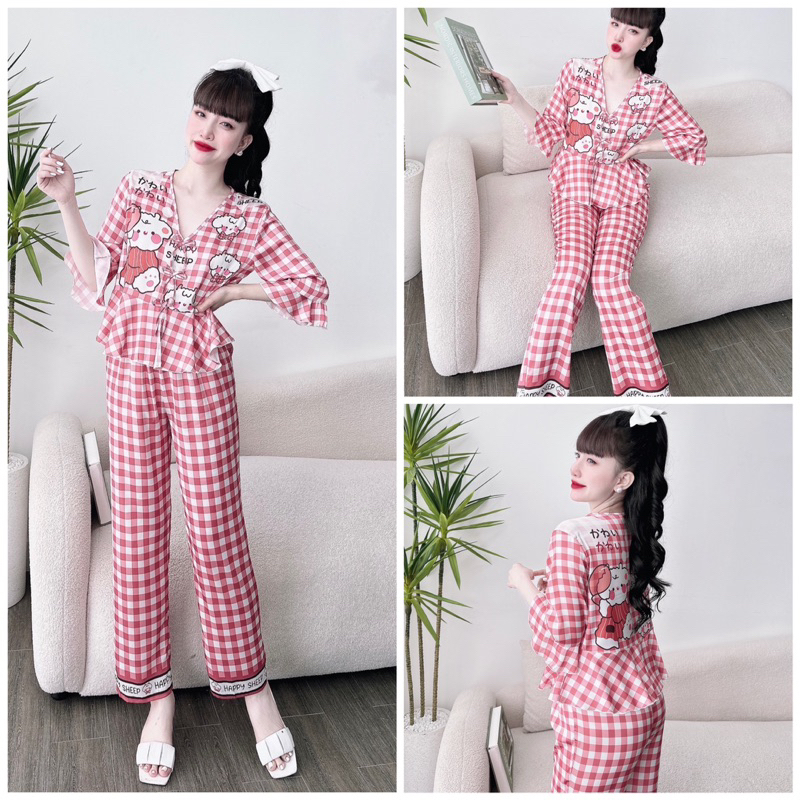 SP_18 Đồ bộ pijama BOLOBALA mặc nhà quần dài áo tay lỡ đính 3 nơ chất lụa latin nhiều màu đa dạng