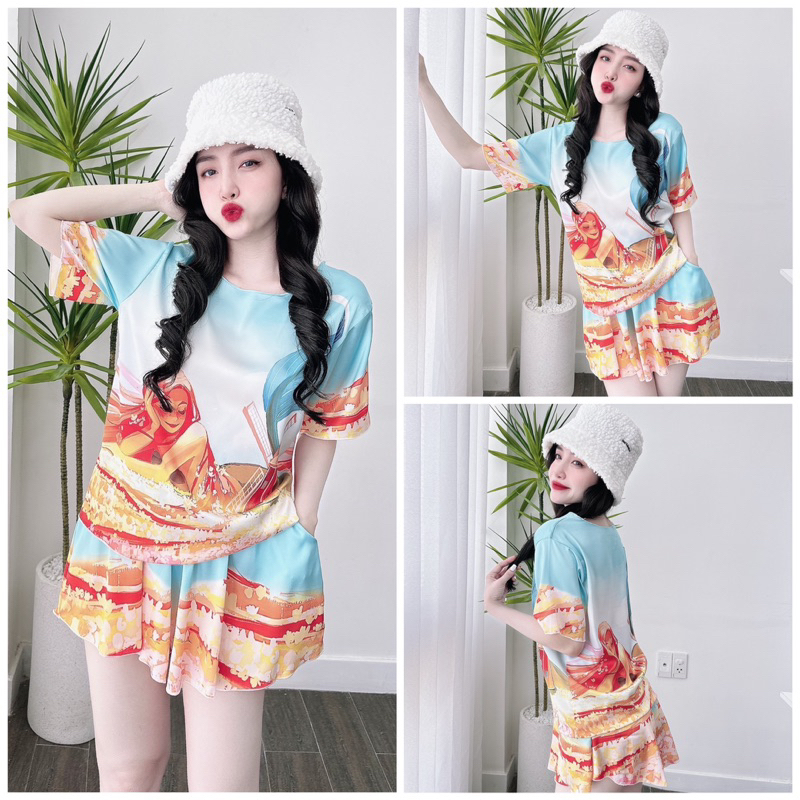 SP_100 Đồ bộ pijama BOLOBALA mặc nhà quần giả váy áo tay ngắn cổ tròn chất lụa latin mẫu mới