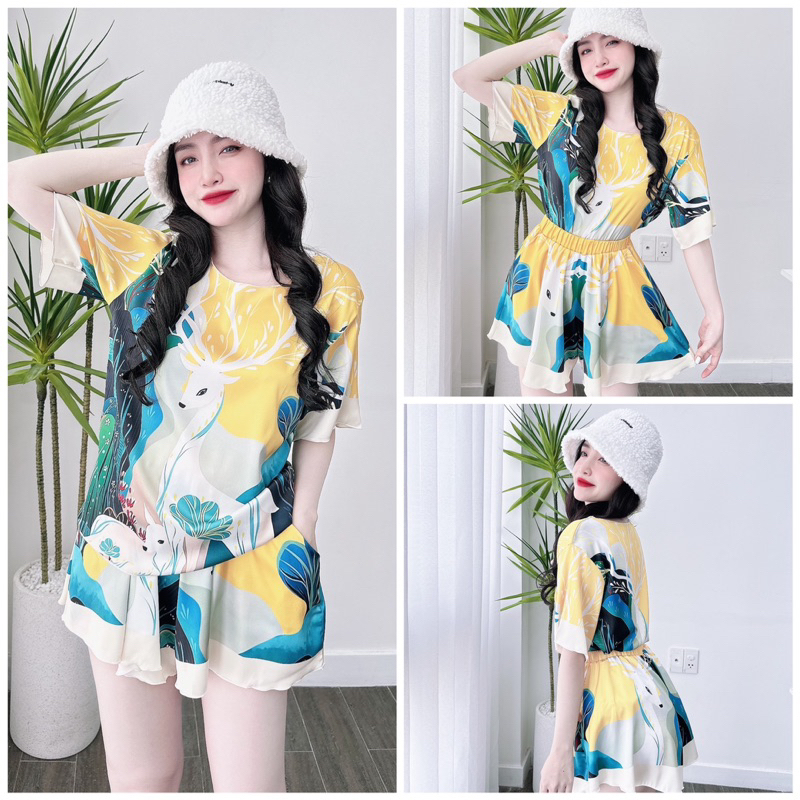 SP_100 Đồ bộ pijama BOLOBALA mặc nhà quần giả váy áo tay ngắn cổ tròn chất lụa latin mẫu mới