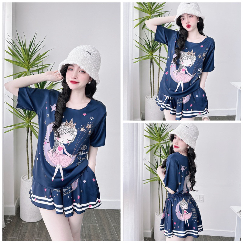 SP_100 Đồ bộ pijama BOLOBALA mặc nhà quần giả váy áo tay ngắn cổ tròn chất lụa latin mẫu mới
