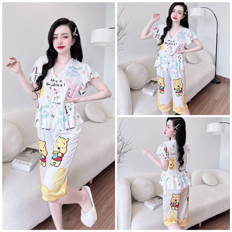 SP_126 Đồ bộ pijama BOLOBALA mặc nhà quần lửng áo tay cánh tiên đính 3 nơ chất lụa latin xịn , bảng màu mới