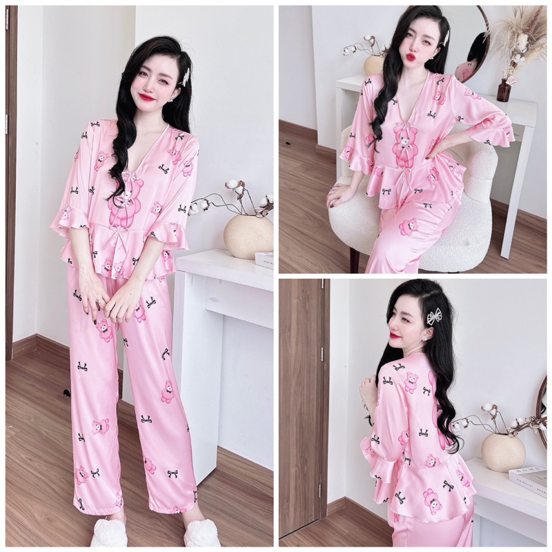 SP_131 Đồ bộ pijama BOLOBALA mặc nhà quần dài áo tay lỡ 3 nơ peplum chất lụa latin rất dễ thương