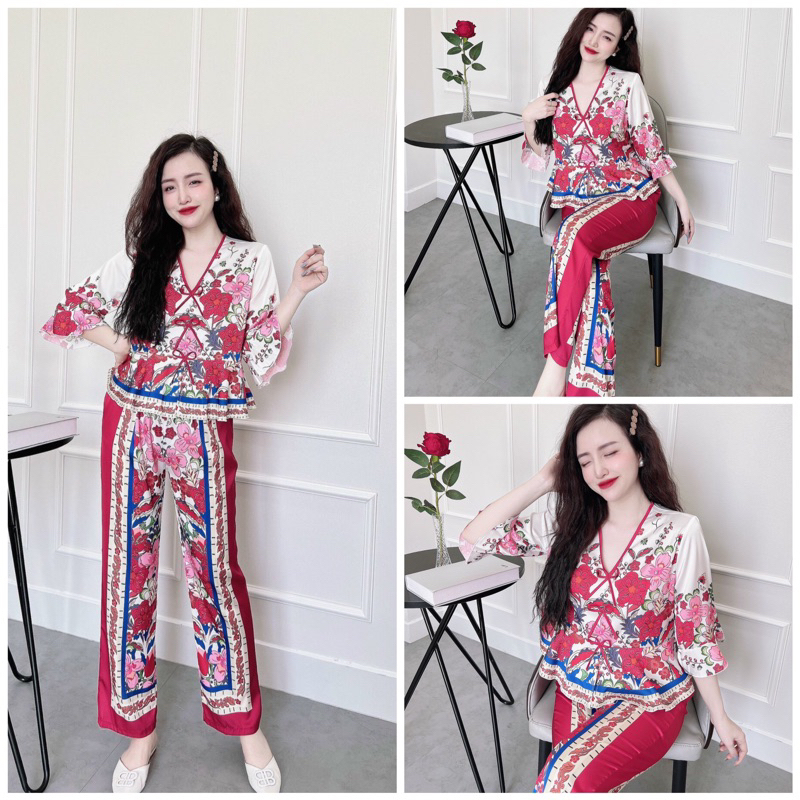 SP_131 Đồ bộ pijama BOLOBALA mặc nhà quần dài áo tay lỡ 3 nơ peplum chất lụa latin rất dễ thương
