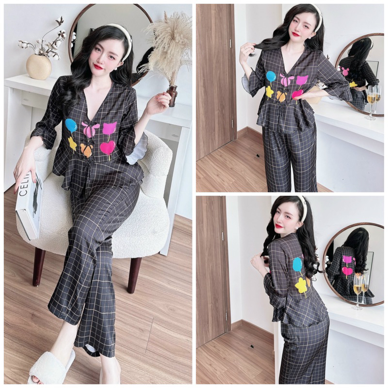SP_152 Đồ bộ pijama BOLOBALA mặc nhà quần dài áo tay lỡ chất lụa latin đính 3 nơ, siêu dễ thương