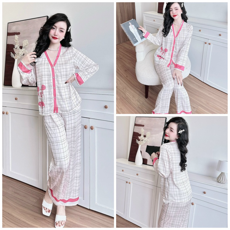 SP_153 Đồ bộ pijama BOLOBALA mặc nhà quần dài áo tay dài chất lụa latin cổ Y mẫu mới cực sang