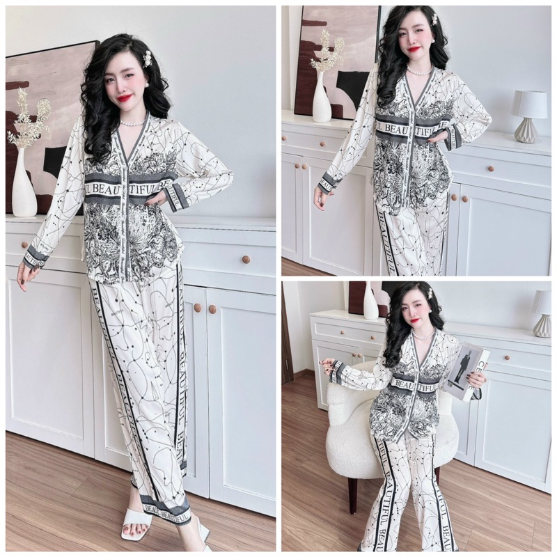 SP_153 Đồ bộ pijama BOLOBALA mặc nhà quần dài áo tay dài chất lụa latin cổ Y mẫu mới cực sang