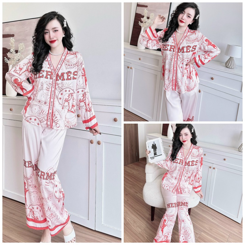 SP_153 Đồ bộ pijama BOLOBALA mặc nhà quần dài áo tay dài chất lụa latin cổ Y mẫu mới cực sang