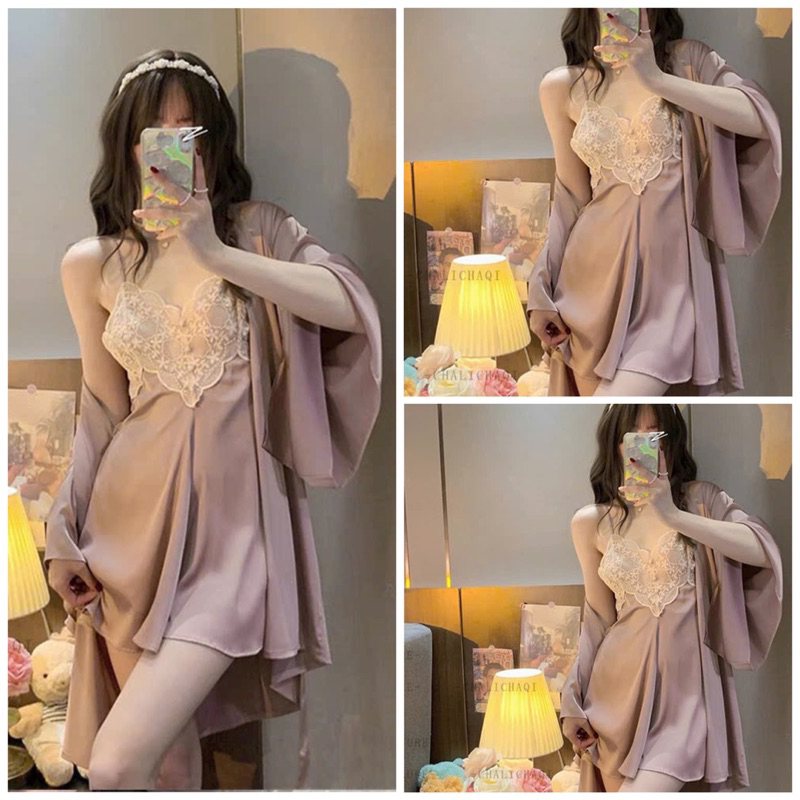 QC_05 Set váy ngủ BOLOBALA gồm đầm dây phối ren và áo choàng chất lụa latin xịn, hàng QC cao cấp, may đẹp, cực quyến rũ