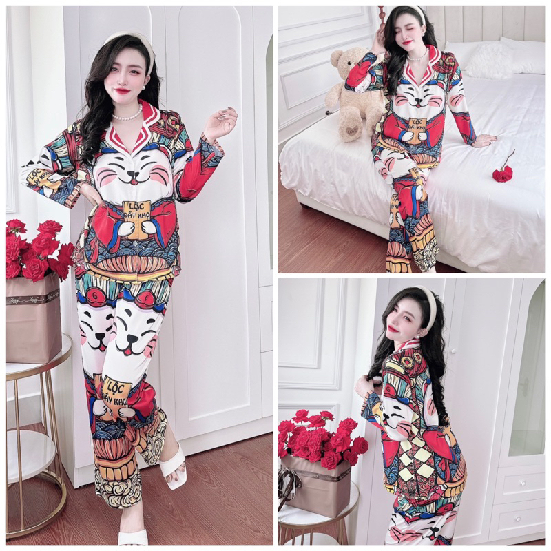 SP_177 Đồ bộ pijama BOLOBALA cho nữ mặc nhà quần dài áo tay dài chất lụa latin mẫu mới Tết 2024 đỏ rực sặc sỡ, may mắn