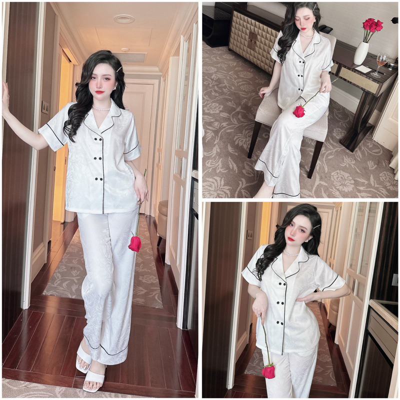 SP_184 Đồ bộ pijama BOLOBALA cổ vest nữ mặc nhà quần dài áo tay ngắn chất gấm kim cương, hai hàng nút cao cấp đủ màu