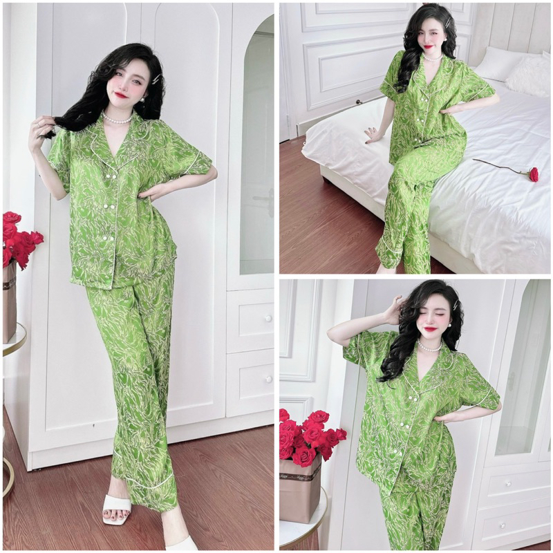 SP_184 Đồ bộ pijama BOLOBALA cổ vest nữ mặc nhà quần dài áo tay ngắn chất gấm kim cương, hai hàng nút cao cấp đủ màu