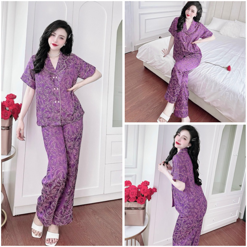 SP_184 Đồ bộ pijama BOLOBALA cổ vest nữ mặc nhà quần dài áo tay ngắn chất gấm kim cương, hai hàng nút cao cấp đủ màu