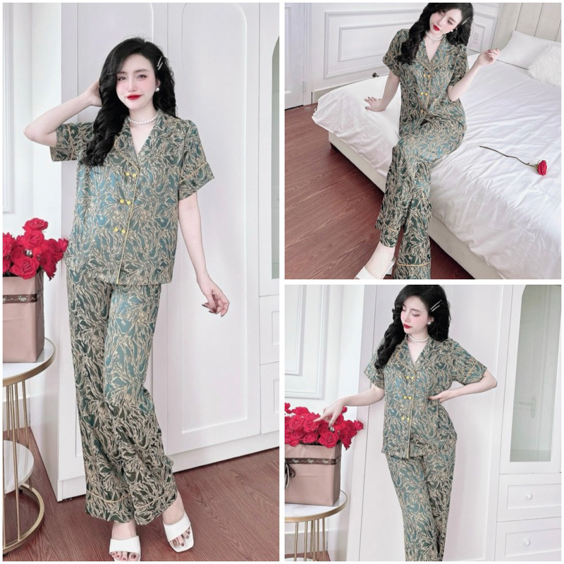 SP_184 Đồ bộ pijama BOLOBALA cổ vest nữ mặc nhà quần dài áo tay ngắn chất gấm kim cương, hai hàng nút cao cấp đủ màu