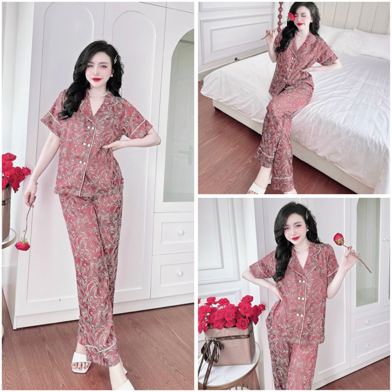 SP_184 Đồ bộ pijama BOLOBALA cổ vest nữ mặc nhà quần dài áo tay ngắn chất gấm kim cương, hai hàng nút cao cấp đủ màu