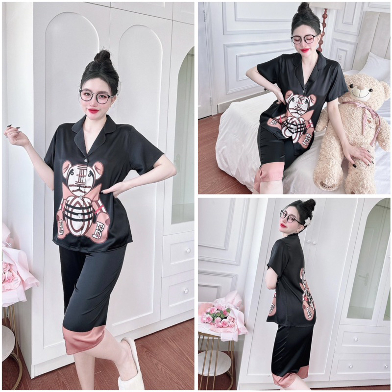 SP_192 Đồ bộ pijama BOLOBALA nữ mặc nhà quần lửng áo tay ngắn hàng Teddy chất lụa latin hoạ tiết cute