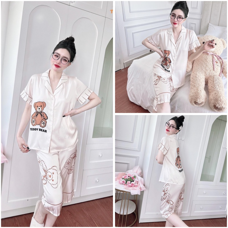 SP_192 Đồ bộ pijama BOLOBALA nữ mặc nhà quần lửng áo tay ngắn hàng Teddy chất lụa latin hoạ tiết cute