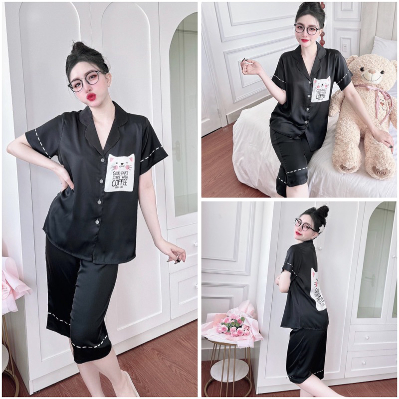 SP_192 Đồ bộ pijama BOLOBALA nữ mặc nhà quần lửng áo tay ngắn hàng Teddy chất lụa latin hoạ tiết cute